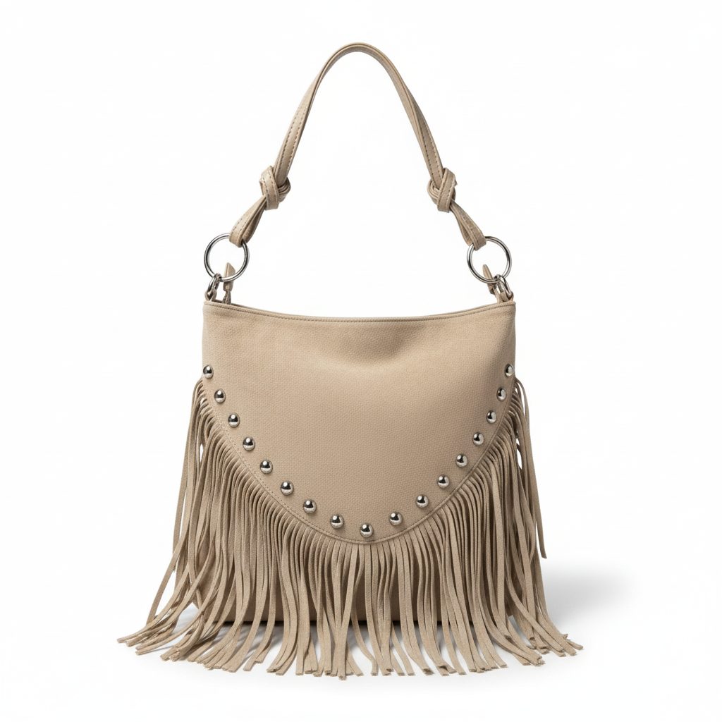 Bolso de hombro beige con flecos boho